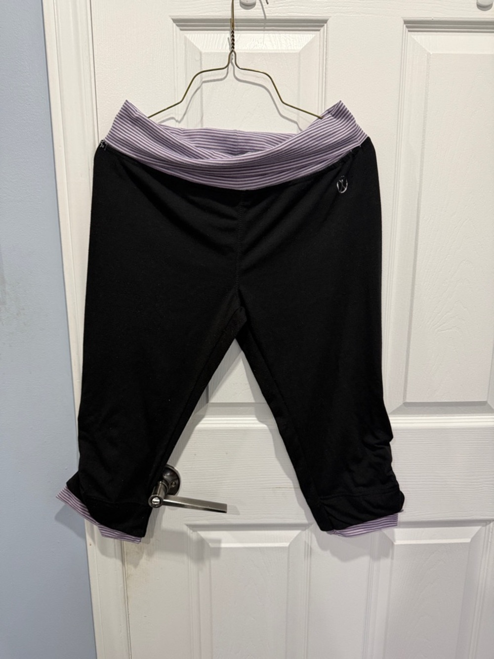 Girls Black Capri Leggings with Lavender Fold-Over Waistband